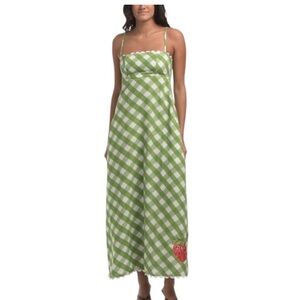 Elizabeth James the Label Green Gingham Maxi Dress with Strawberry Detail